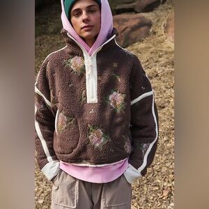 New Free People Mountain High Embroidered Half Zip Jacket Coat Floral Truffle